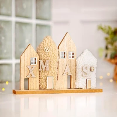Image of Marco Paul Large 33cm Plush &amp; Wooden Christmas Xmas Village House Scene Plaque Statue Ornament Decoration Faux Fur Shabby Chic Nordic Home White Gold Table Centrepiece Fireplace