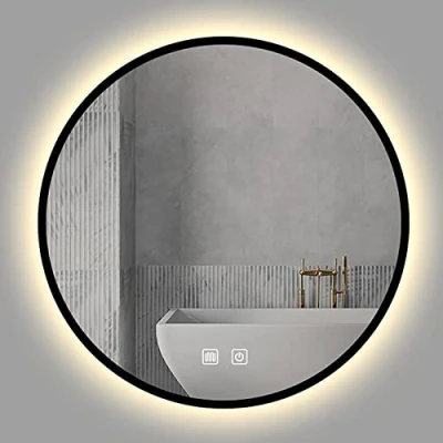 Image of ZYLEDW Round Illuminated Bathroom Mirror Wall Mounted Anti Fog Vanity Metal Frame Backlit Makeup 3 LED Light Color Dimmable IP44 Waterproof, Double Touch, Black, 500x500mm