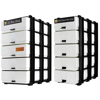 Image of WestonBoxes 2 Stak Storage Pack, Includes A5 Paper Boxes, Pen &amp; Pencil Frames and Box Handles, Fits IKEA KALLAX (Neon White)