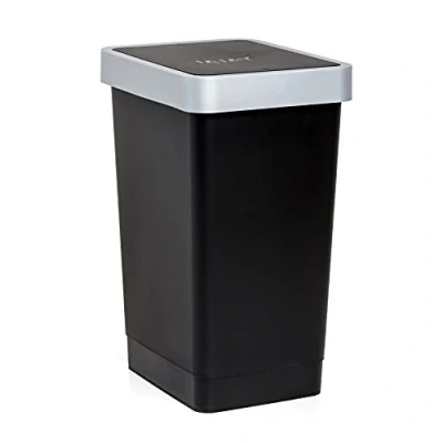 Image of Tatay Smart Tilting Lid Bin, 25L Capacity, Polypropylene, BPA Free, 30L Trash Bag, Black, Measures 26 x 34 47 cm