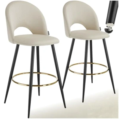 Image of TecTake® Set of 2 Bar Stools with Soft Velvet Look Covers &amp; Curved Backrests, Padded Stool Flared Steel Legs Footrests, Ideal as Kitchen Island Dining Chairs Cream/Black