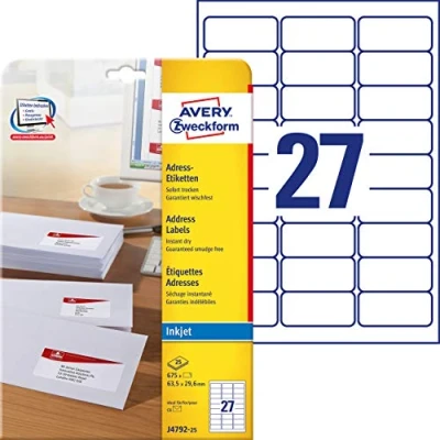Image of Avery Zweckform J4792 25 Address Labels (63.5 x 29.6 mm Sheets White Matt Paper Pack of 675
