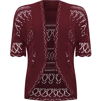 Image of WearAll Womens Plus Size Crochet Knitted Short Sleeve Ladies Open Cardigan Top Wine 18 20