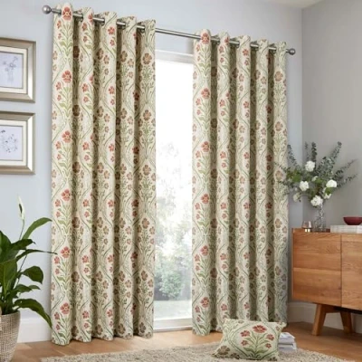 Image of Curtina Natural Linen Floral Woven Curtains W66 x L72 (168 183cm) Cream Eyelet with Flowers Traditional &amp; Drapes for Living Room Bedroom Botanical Jacquard