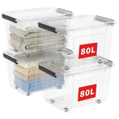 Image of Cetomo 80L*4 Storage Boxes with Wheels, Plastic Bins Lids, Latching Buckles, Click Closure, Stackable, Nestable, Organizer for Home Office Clothes, Clear, 80L 4 Pack