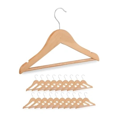 Image of Relaxdays Children&#039;s Clothes Hangers, Set of 20, Wooden, Swivel Hook, with Bar &amp; Notches, 19 x 30.5 1 cm, Natural, Wood, HLP: 30,5 cm