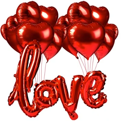 Image of Valentines Love Balloon Set 30 x Red Heart Shaped Balloons and 1 with Ribbon Inflation Tube, Foil for Valentine&#039;s Day, Proposals, Weddings, Romantic Balloons, Party Decor