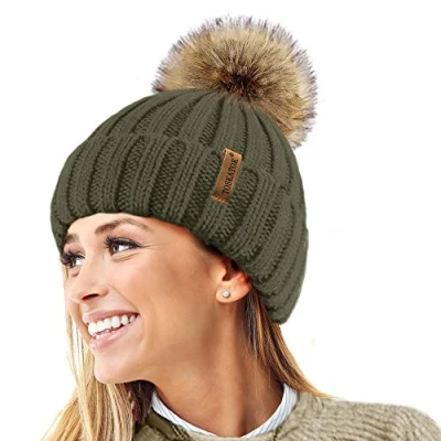 Image of TOSKATOK®Womens Warm Winter Hat Woolly Knitted Beanie with Detachable Chunky Faux Fur Bobble Pom Olive
