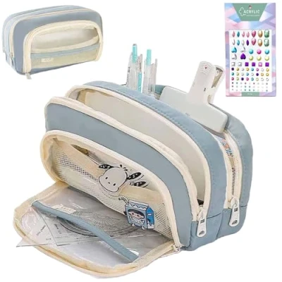 Image of Big Capacity Pencil Case, 3 Compartments Simple Storage Aesthetic Large Pouch Handheld Pen Bag Cosmetic Portable Gift (Blue)