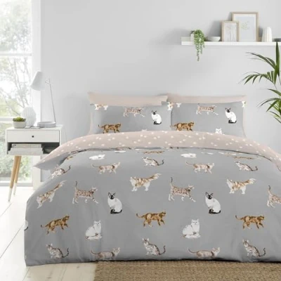 Image of Fusion Grey Cat Duvet Cover Single Bedding Size (140 x 200cm) Reversible Design (Beige &amp; Grey) Paw Print Gifts for Women Siamese, Persian, Ragdolls and Black Cats