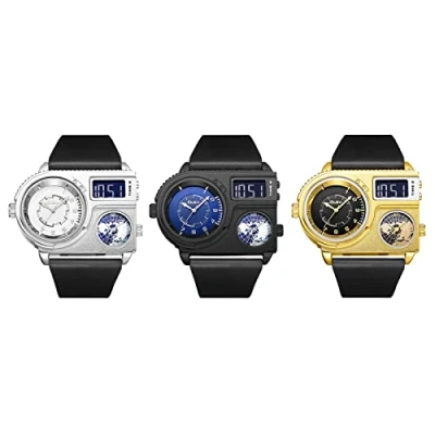 Image of JewelryWe Military Three Time Zone Watch for Men Big Analog Digital Dual Display Dial Quartz Cool Casual Leather Wristwatch