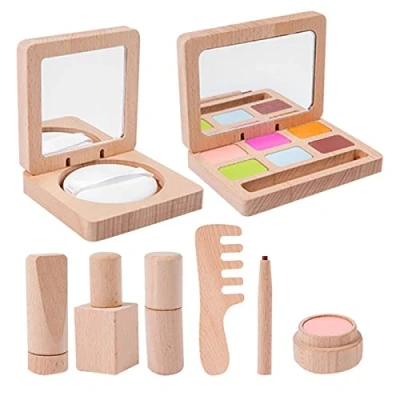 Image of Firulab Wooden Makeup,Wooden Makeup Playset and Beauty Salon Kit Pretend with Lipsticks, Foundation, Eyebrow Pencil Dress up Make Set for Kids