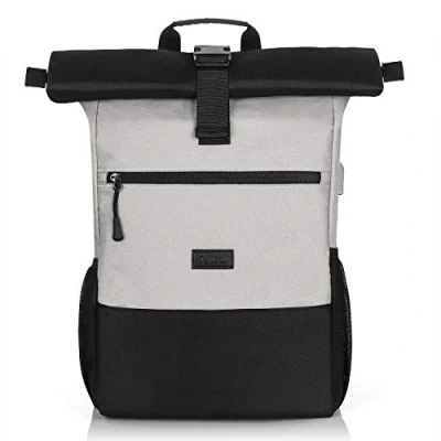 Image of RJEU Laptop Backpack 17.3&quot; Computer Rolltop School Rucksack for Women Men College Travel Business with Anti theft Pocket Gray 26L
