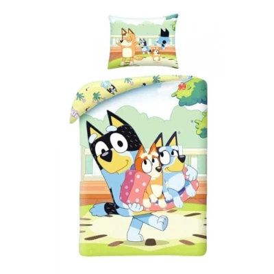 Image of Bluey Bedding Set, 100% Cotton, Green, Reversible Duvet Cover 140 x 200 cm + Pillowcase, with Bluey, Bingo and Bandit