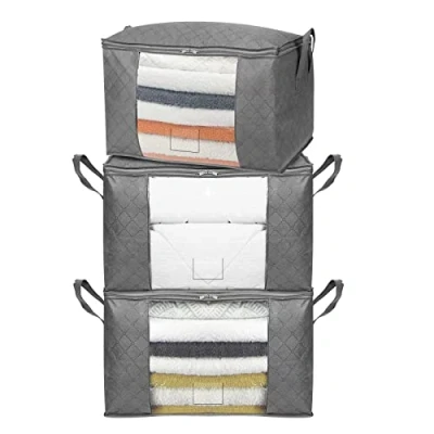 Image of Amazon Basics Foldable Storage Bag Organizers With Large Clear Window &amp; Carry Handles, Zippered Cubes, 3 Pack, Grey