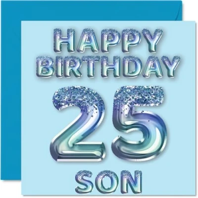 Image of 25th Birthday Card for Son Blue Glitter Party Balloons Happy Cards 25 Year Old from Mum Dad Parents, 145mm x Bday Greeting Gift