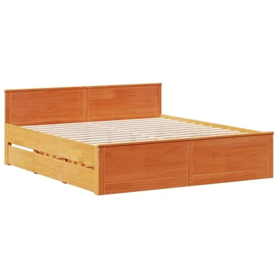 Image of vidaXL Bed Frame without Mattress&amp;Headboard Wax Brown 200x200 cm Solid Wood Pine Double with Storage Drawers