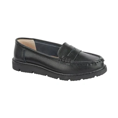 Image of Jo &amp; Joe Women’s Real Suede Leather Penny Loafer Comfortable Smart/Casual Flat Slip on Boat Shoe in Sizes 4 8 (Black Leather, UK Footwear Size System, Adult, Women, Numeric, Medium, 7)