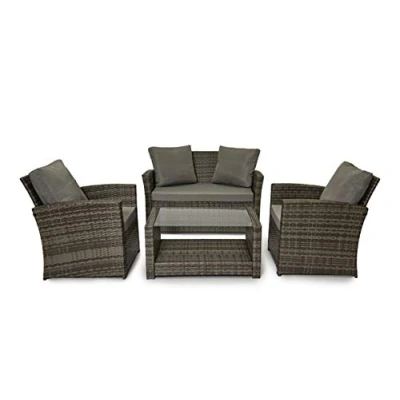 Image of EVRE Grey 4 Seater Rattan Garden Conservatory Patio Furniture Sofa Armchair Roma Set with Glass Top Coffee Table Wicker Weave and Cushions
