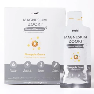 Image of Zooki 1500mg Liposomal Magnesium Bis Glycinate Liquid Sachets, 200mg Elemental 4x Higher Absorption Sleep, Stress, Muscle Function, Cramps, Heart Health (Pineapple Guava flavour 30x15ml)