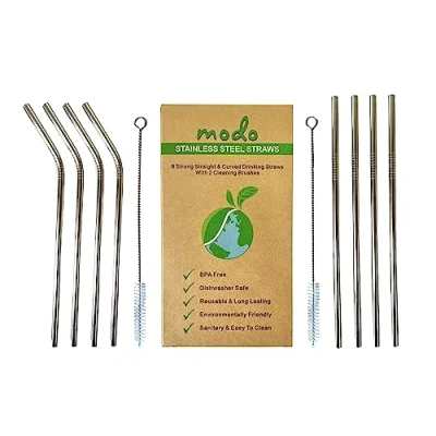 Image of Modo Stainless Steel Straw, Eco Friendly Reusable Metal Drinking Straws with 2 Cleaning Brushes (8 Pack 4 Straight Curved) (Silver)