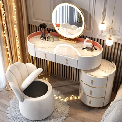 Image of PROPFE Vanity Desk with LED Lighted Mirror Modern Table Set Makeup Dressing Movable Bedside And Cushioned Stool 3 Color Light Adjustable for Women,003,100cm