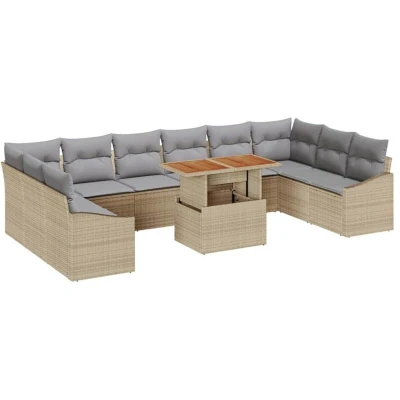 Image of vidaXL 11 Piece Garden Dining Set with Cushions Beige Poly Rattan Acacia