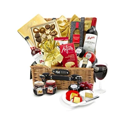Image of Classic Luxury Red Wine Gift Set Eton Hamper with Shiraz Cabernet, Mature Cheddar, Brie, Shortbread, Chutney Birthday Hampers, Hampers for Women, from Regency