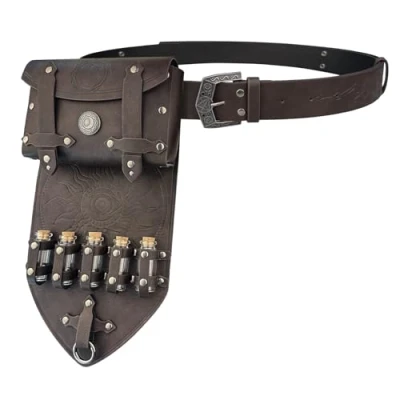 Image of HiiFeuer 3PCs Medieval Alchemy Faux Leather Belt Bag Set with 5 Cork Potion Vials, Fantasy Embossed Wizard Halloween (Dark Brown A)