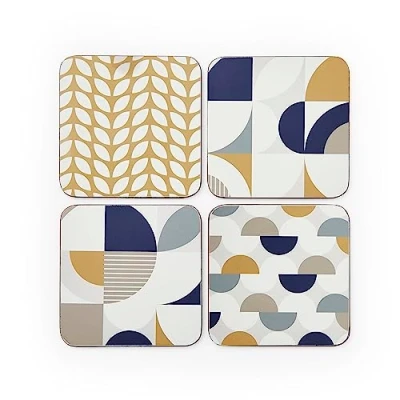 Image of Cooksmart Pack of 4 Drink Coasters British Designed Eco Cork Drinks For Modern Homes All Types Cups &amp; Mugs Bauhaus Geo