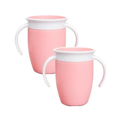 Image of Munchkin Miracle 360 6+ Month 7oz Baby Sippy Cups (2 Pack), Free Flow Beaker for Toddlers, Trainer Cup, BPA Free, Spill Dishwasher Safe Water Bottle with Easy Grip Handles, Pink/Pink