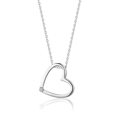 Image of MIORE 925 Sterling Silver Necklace with Round Brilliant Diamond on Heart Pendant 45cm Anchor Chain for Women Gift Box included