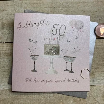 Image of WHITE COTTON CARDS Happy 50th Birthday Card Goddaughter Champagne Glasses &amp; Sparkly Cake SS42 GODD50