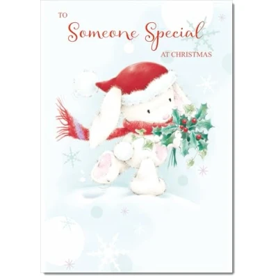 Image of doodlecards Someone Special Christmas Card Cute Rabbit with Holly Medium Size for Plain Envelope