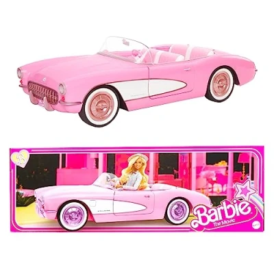 Image of Barbie The Movie Car, Vintage Inspired Pink Corvette Convertible with White Wall Tires and Trunk Storage, Collectible, HPK02