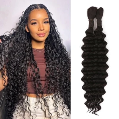 Image of Boho Braids Human Hair Extensions 100g 2 Bundles No Weft Braiding For Knotless Wet and Wavy Deep Wave Bulk Women (1B#, 16 Inch(50g/Bundle x2))