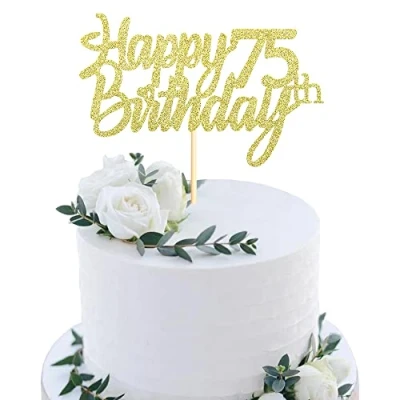 Image of Sumerk Gold Glitter Happy 75th Birthday Cake Topper for Anniversary Party Decorations Pack of 1