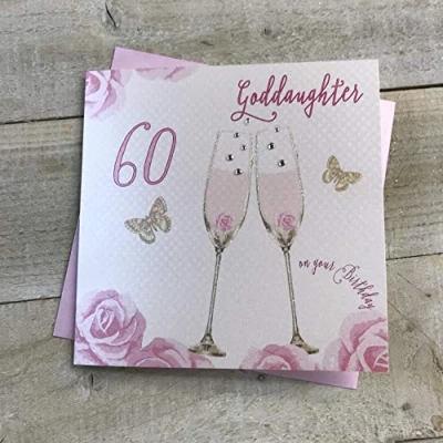 Image of Happy 60th Birthday Card Goddaughter Champagne Glasses Pink Roses by White Cotton Cards SS42 GODD60