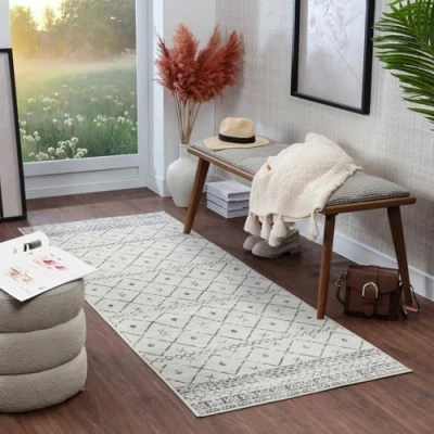 Image of Surya Nagano Rug Runner Living Room, Dining Hallway Modern Boho Geometric Pattern Soft Scandinavian Room Grey Cream 80 x 220 cm Large
