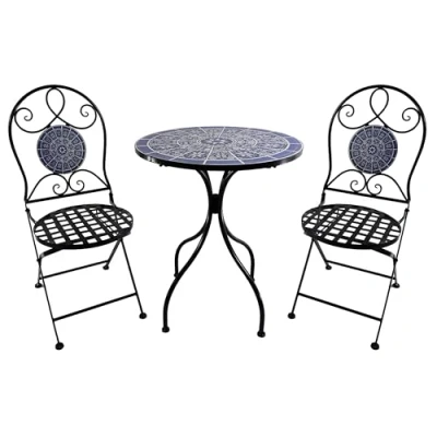 Image of BrackenStyle Metal Mosaic Folding Bistro Garden Set 60cm Round Table and 2 Foldable Chairs (Purple &amp; White, 3 Piece)