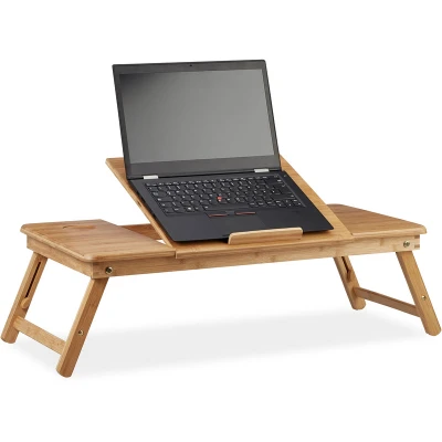 Image of Relaxdays XL Bamboo Laptop Riser Stand, Ideal Ventilation, Height Adjustable, 5 Angles, with Drawer, Natural, 49 x 90 35 cm