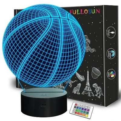 Image of FULLOSUN Basketball 3D Night Light Birthday Gift Lamp, Up Gifts Illusion Lamp with Remote Control 16 Colors Changing Sport Fan Room Decoration Kids Idea …