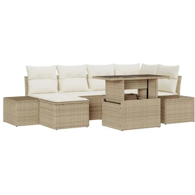 Image of vidaXL 7 Piece Garden Sofa Set with Cushions Beige Poly Rattan