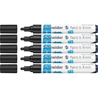 Image of Schneider 120201 Paint It Acrylic Pens with 4 mm Bullet Tip, High Coverage Paints for Wood, Canvas, Stone and Much More, Pack of 5, Black