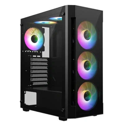 Image of CiT Destroyer Black Mid Tower PC Gaming Case ATX with 2 x Tempered Glass Panels 70%/30% Tint On Front &amp; Side 6 Infinity 120mm ARGB Inner Ring Fans Port Hub Included