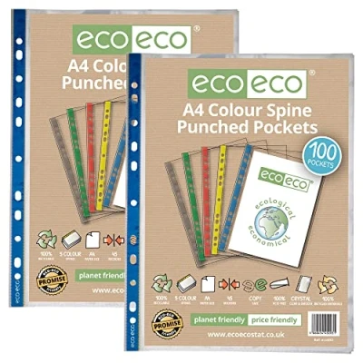Image of eco A4 100% Recycled Coloured Spine Multi Punched Pockets Glass Clear, Transparent Poly Wallet Sheet Protector, 45 Microns (2 Packs of 100 Wallets), eco093x2