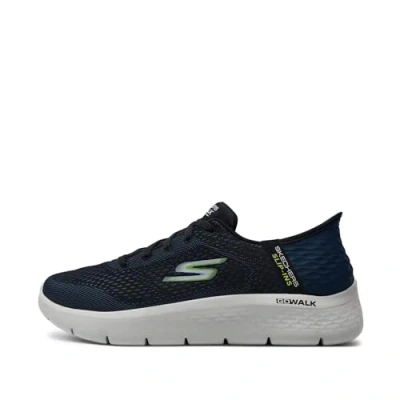 Image of Skechers Men&#039;s Go Walk Flex Sneaker, Navy and Lime Textile, 8 UK