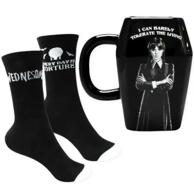 Image of Blue Sky Studios Wednesday Coffin Coffee Mug &amp; Sock Set, Pair Size 4 7, Officially Licensed Gift Pack Merchandise
