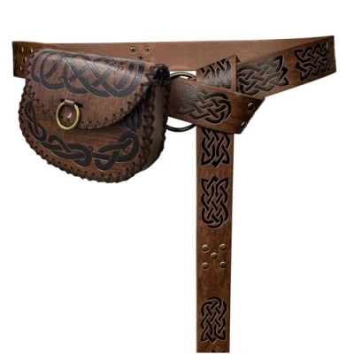 Image of HiiFeuer Medieval Embossed O Ring Belt with Viking Bag, Vintage Faux Leather and Pouch Set for LARP (Brown B)
