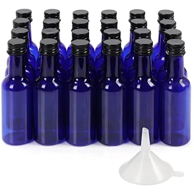 Image of BELLE VOUS 24 Pack Mini Blue Liquor Bottles Reusable Plastic 50ml/1.7 fl oz Empty Spirit with Black Screw Caps &amp; Liquid Funnel for Easy Pouring/Filling Miniature Weddings/Parties